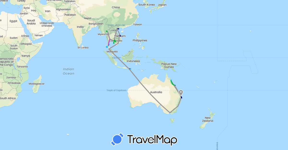 TravelMap itinerary: driving, bus, plane, train, boat in Australia, Indonesia, Cambodia, Malaysia, Thailand, Vietnam (Asia, Oceania)