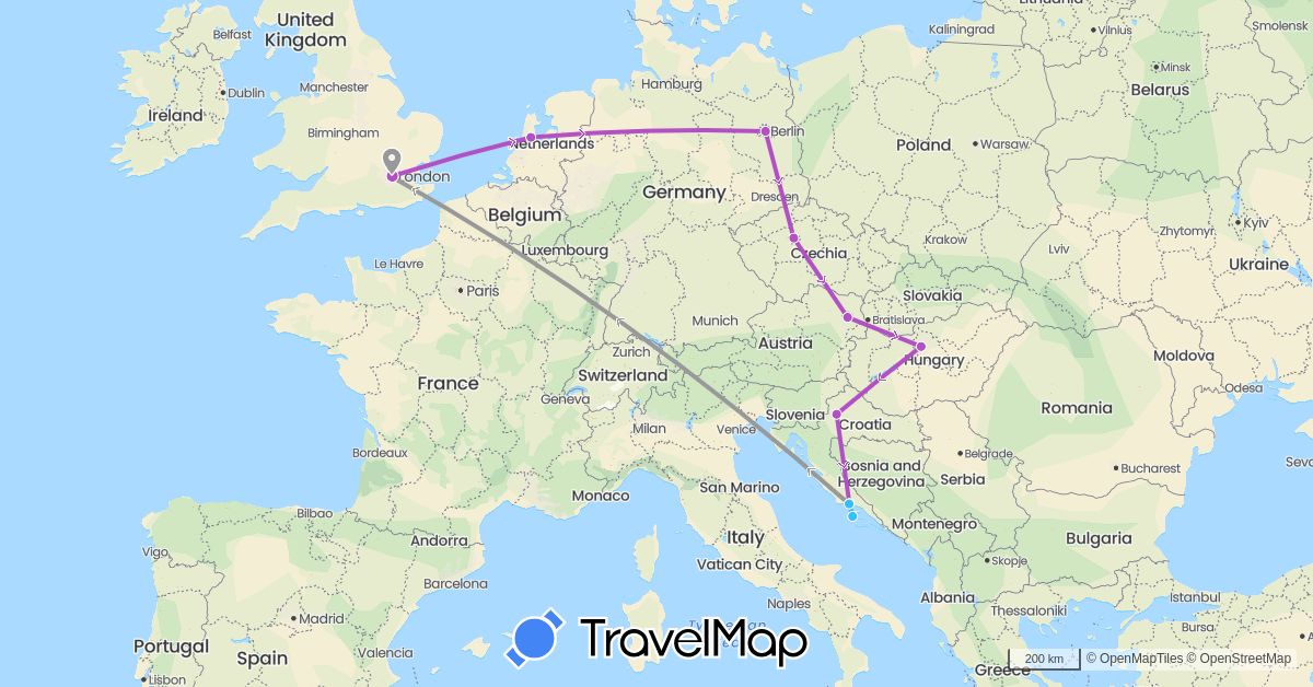 TravelMap itinerary: driving, plane, train, boat in Austria, Czech Republic, Germany, United Kingdom, Croatia, Hungary, Netherlands (Europe)